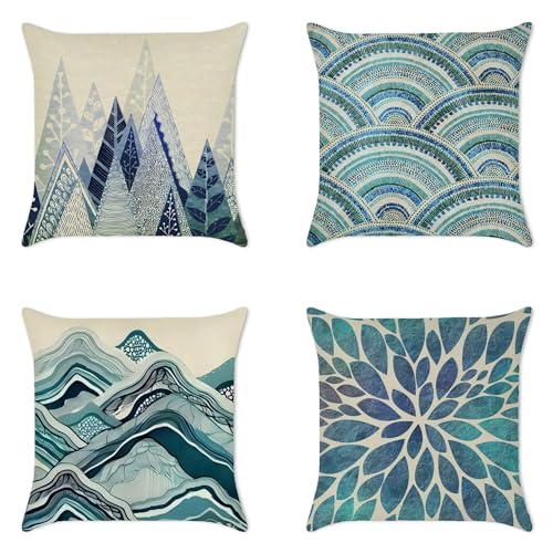 MEILIHEN Lot de 4 housses de coussin en lin - 40 x 40 cm - Motif montagne bleue - Pour canapé - Géométrie bleue