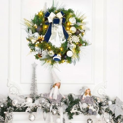 24 Inch Christmas Wreaths for Front Door, Prelit Silver Blue Christmas Wreath with 20 LED Lights Pine Cones Ball Ornaments Snowflakes for Fireplace Mantle Indoor Outdoor Xmas Decor
