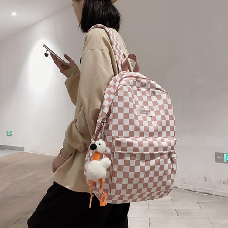 Miniatura 3 de Y2K - Mochila estética a cuadros con colgante Kawaii de tablero de ajedrez, mochila ligera para computadora portátil, Rosado, Mochilas de mochila