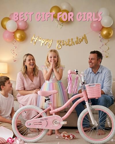 Image of bicystar Girls Bike Ages 2-8, 12-18 Inch with Training Wheels, Pink /Blue | Removable training wheels, basket and streamers, carbon steel frame, adjustable seat & handlebar, coaster or hand brake