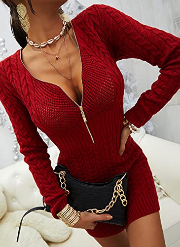 Image of Veatzaer Womens Zip V Neck Long Sleeve Cable Knit Mini Sexy Sweater Dressse