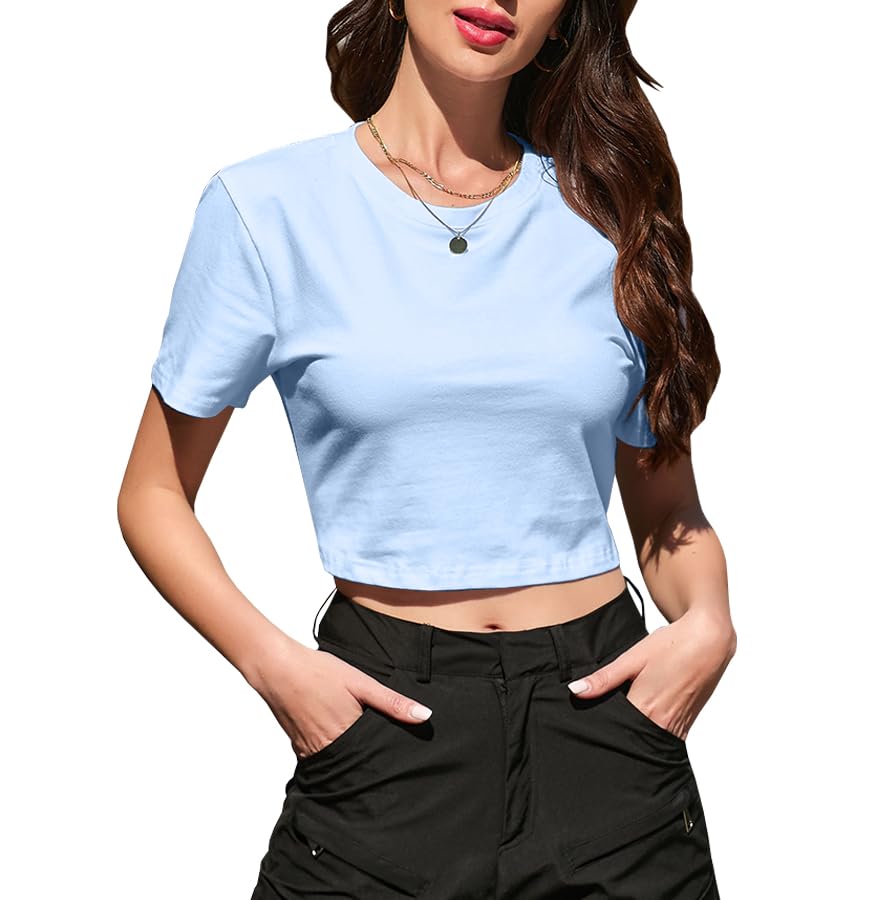 Image of Betusline Girls & Women Basic Summer Short Sleeve Slim Fit T-Shirts Soft Crewneck Crop Y2k Tee Cute Gym Fashion Clothes