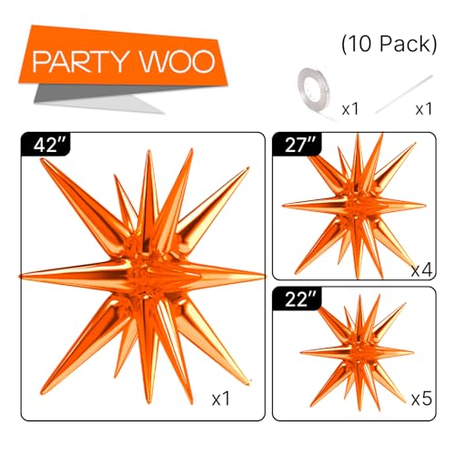 Image of PartyWoo Orange Star Spike Balloons 10pcs Explosion Foil Mylar Balloons | 42 27 22 Inch for Wedding Anniversary Halloween Birthday Baby Shower Fall Theme Bridal Shower Gender Reveal Party Decorations