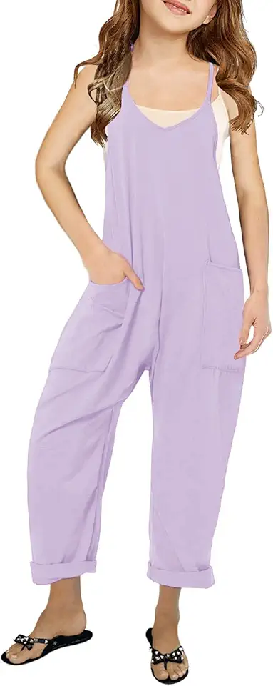 CharmWM Girls Casual Jumpsuits Spaghetti Strap Sleeveless Loose Romper Long Pants with Pockets Kids Clothes