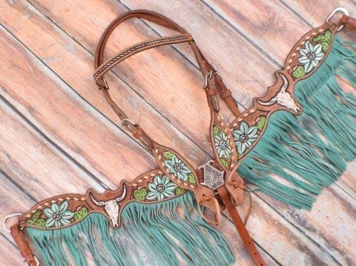 Showman Steer Skull & Cactus Leather Headstall & Breast Collar Set w/Fringe