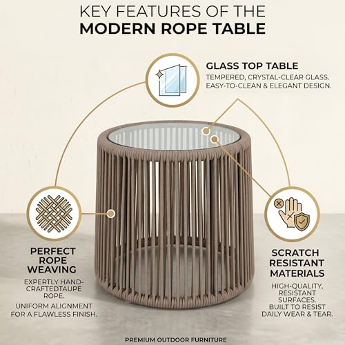 Image of LOCCUS 3-Piece Patio Bistro Set - Outdoor Woven Rope Balcony Furniture with Glass Top Table & Cushioned Chairs for Backyard, Balcony, Porch & Lawn (Beige & White) Comfortable Outdoor Seating Suitable