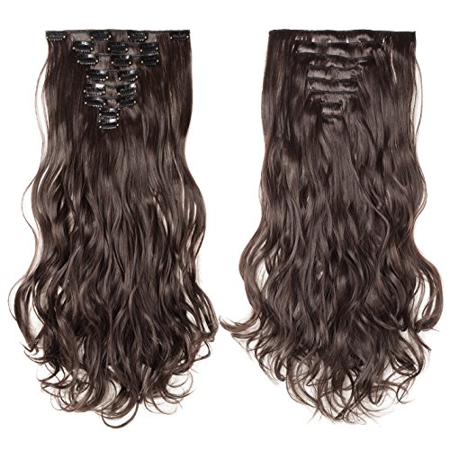 S-noilite 24" Curly Dark Brown Full Head Hairpiece Clip in Hair Extensions 8 Piece 18 Clips New Products Unique Stylish 5a Quality USA Local Post