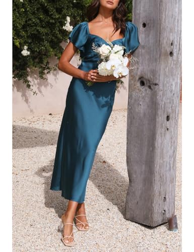 Image of Summer Satin Flutter Sleeve Wedding Guest Dresses for Women Sweetheart Neckline Cutout Tie Back Midi Cocktail Dress
