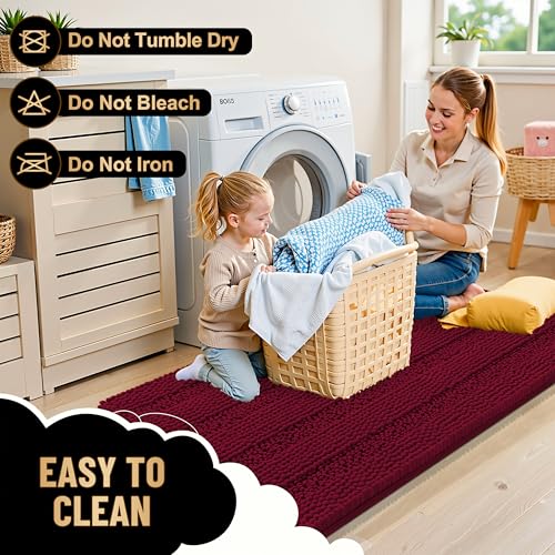 Image of OLANLY Thick Bathroom Runner Rugs 44x24, Extra Absorbent Chenille Striped Bath Rugs, Rubber Backing, Machine Wash Dry, Long Bath Mats for Bathroom, Tub and Shower, Home Decor Accessories, Burgundy