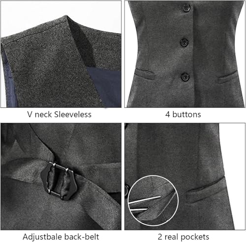 Gowjog Damen Weste Anzugweste Gefüttert Button Up V-Ausschnitt Smoking Vintage Jacke Dressy Ärmellos Westen(Dunkel Melange Grau,M)