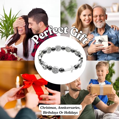 925 Sterling Silver San Benito Bracelet For Women And Men - Catholic Saint Benedict Cross Crystal Bracelet, St Benedict Bracelets Black Glass Beads Rosary Christian Religious Jewelry Best Gifts (3 - San Benito Bracelet) 7
