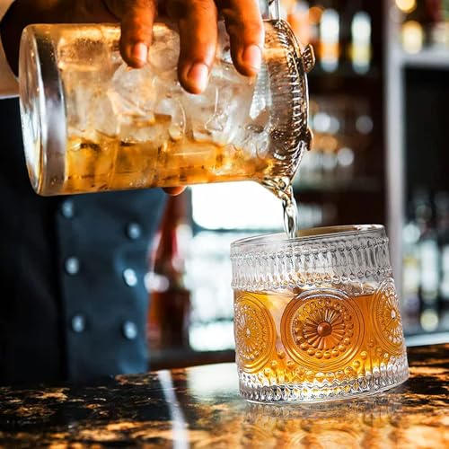Image of Spinning Vintage Embossed Whiskey Glass - 170ml - Set of 4, Retro Patterned Tumbler for Whiskey, Scotch, Bourbon & Cocktails - Lead-Free Crystal Drinkware (4, Rotating Embossed)