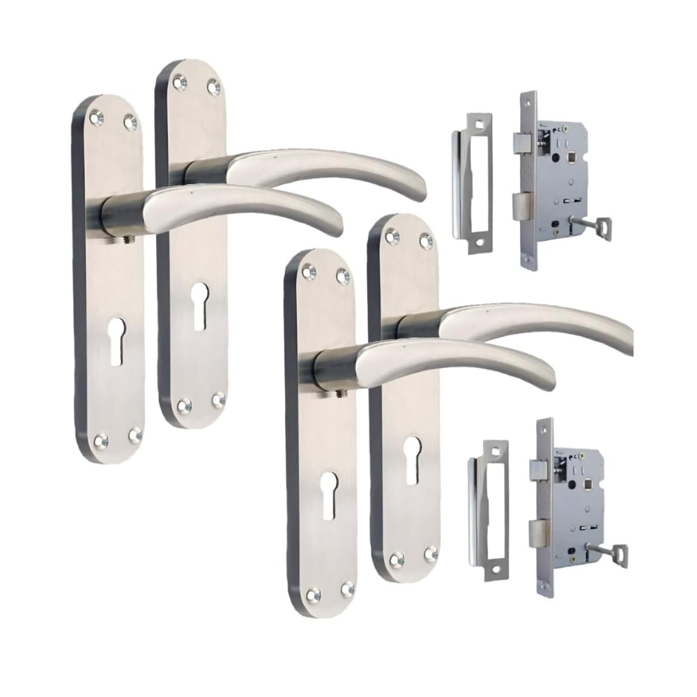 Epsom Door Handle Internal Satin Nickel Twist Door Handle Set and 3 Lever sash Lock, Interior Lock Lever on Long Back Plate, Privacy Lockable Handle for Bathroom, Bedroom, Front Door. 2 Sets