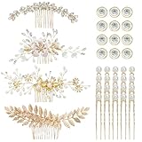 inSowni 36 Pack Gold Flower Leaf Bridal Wedding Hair Side Combs+U-shaped Pearl Hair Pins+Spiral Rhinestone Hair Clips Barrettes Prom Headpieces Hair Accessories for Brides Bridesmaids Women Girls