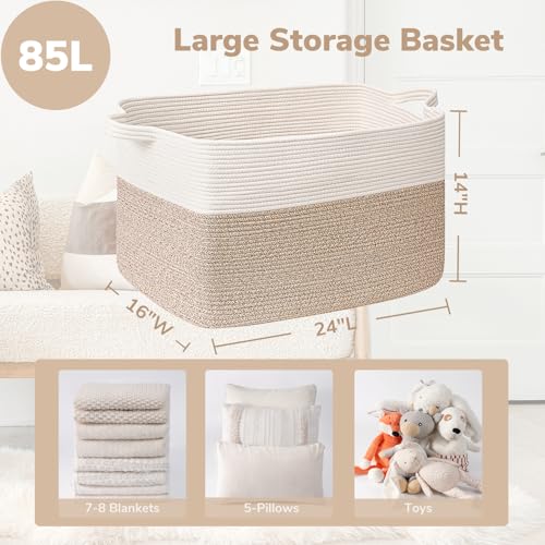 Goodpick Extra Large Woven Blanket Basket, 23.6" x 15.7" x 13.8" Storage Organizer for Blankets, Toys, Dirty Clothes, Rectangle Cotton Rope Basket for Living Room, Nursery, Bedroom