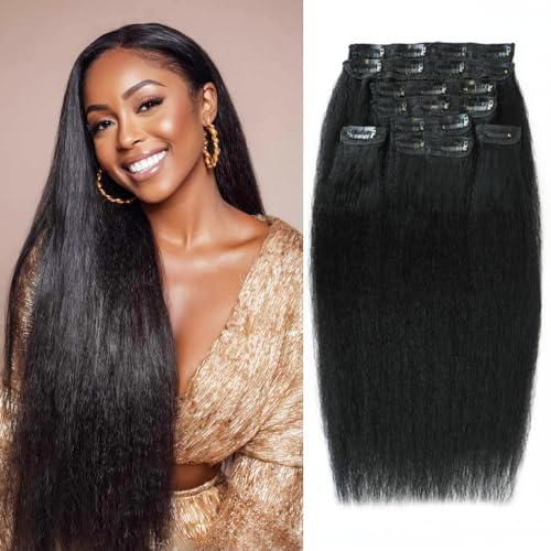18 Inch Kinky Straight Clip in Hair Extensions Real Human Hair 8Pcs 20Clips 110g Yaki Straight Clip Ins Full Head Brazilian Virgin Human Hair Extensions Clip Ins for Women Natural Color