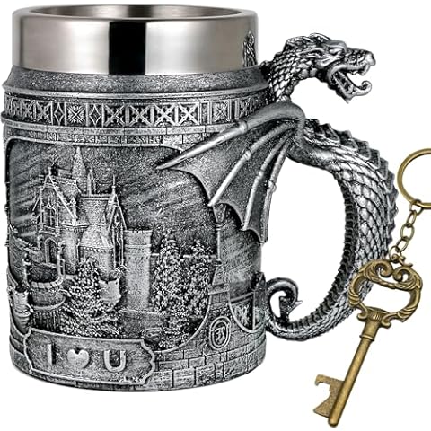 alikiki Medieval Castle Dragon Coffee Mug - Dungeons and Dragons Gifts for Men 21oz Stainless GOT Dragon Game Cup of Thrones Beer Mugs Steins Tankard Dragon Themed Party Decoration Cover