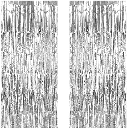 JYSDCXC Foil Fringe Curtains 2 Pack Silver Metallic Tinsel Curtain 3.2ft x 8.2ft/1x2.5m Birthday Decorations Streamers Backdrop for Hen Party Wedding Birthday Bachelorette Graduation Prom Decoration