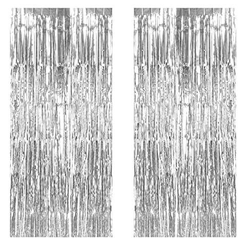 JYSDCXC Foil Fringe Curtains 2 Pack Silver Metallic Tinsel Curtain 3.2ft x 8.2ft/1x2.5m Birthday Decorations Streamers Backdrop for Hen Party Wedding Birthday Bachelorette Graduation Prom Decoration Cover