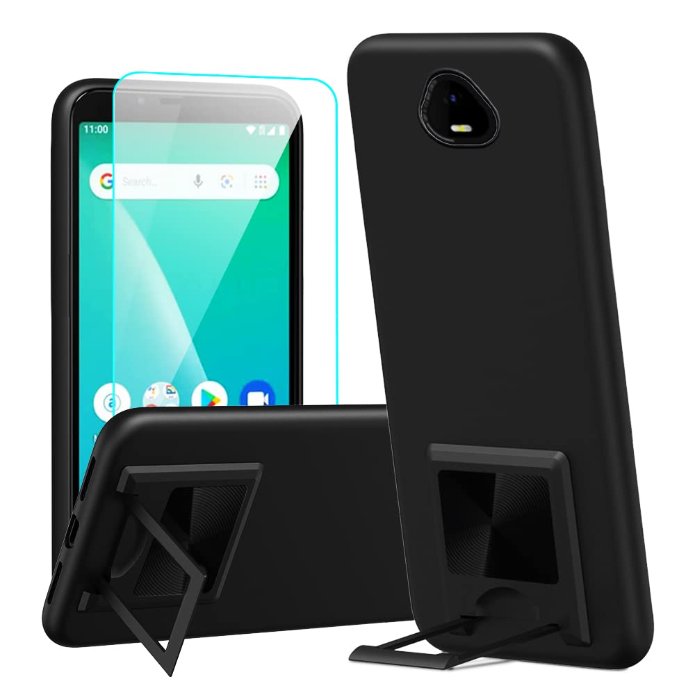 Compatible with SCHOK Volt SV55 (SV55216) Phone Case with Tempered Glass Screen Protector, Soft Silicone with Kickstand Shockproof Protective Case Cover for SCHOK Volt SV55 - Black
