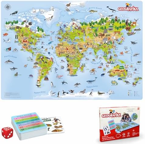 Geografika Illustrated World Map Game & 48 Cards | Educational Geography Board Game for Kids 6 Years Up | Learn Fun Facts & Countries | Screen-Free Learning Activity & Family Game Night
