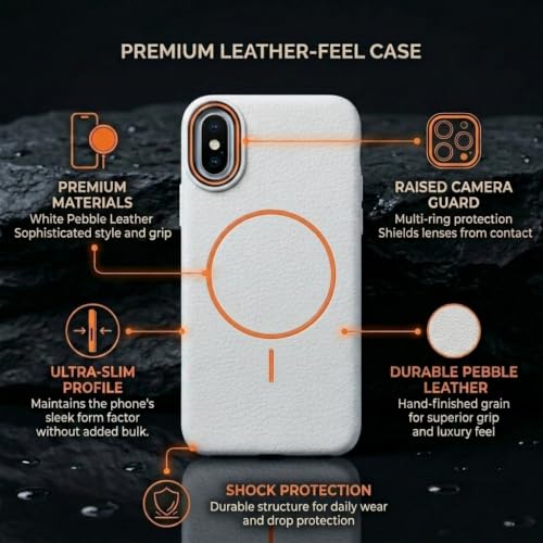 Image of amazon basics Luxury MagSafe Compatible Leather Texture Back Cover for iPhone X | Raised Camera Protection | Slim Fit Shockproof Case with Metallic Accents (White)