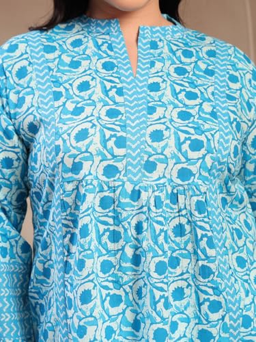 Image of Stylum Women's Plus Size Blue Floral Printed Pure Cotton Top | Plus Size Tops for Women Short Kurti