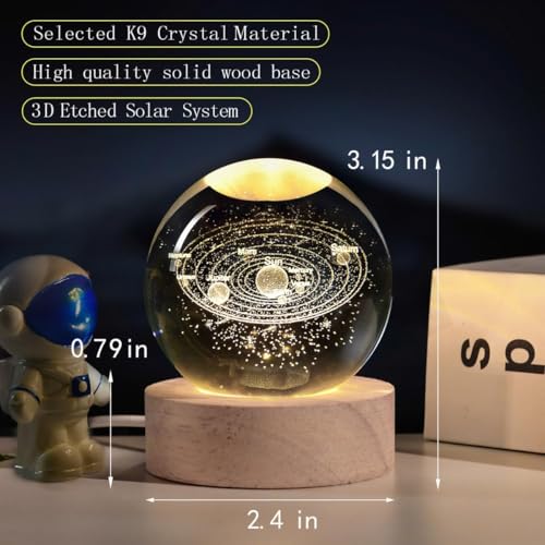 Image of 3D Solar Planet Crystal Ball LED Night Lamp, Creative Engraved Night Light Wooden Base, Warm White Decorative Table Lamp for Home, Office, Bedroom, Birthday Gift (Solar Planet)