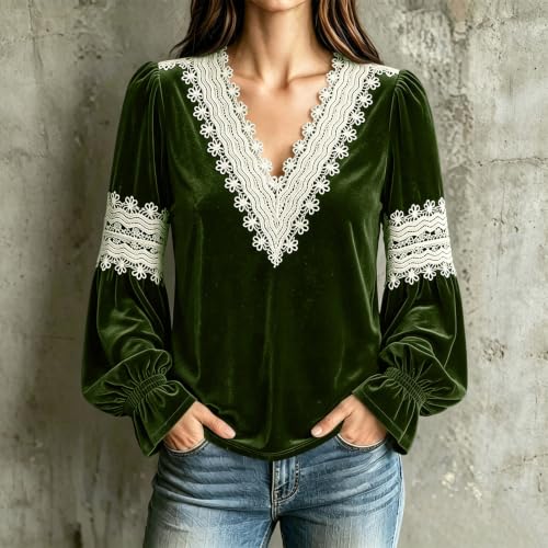 Velvet Tops for Women Dressy Long Sleeve Lace V Neck Blouse Army Green - image 2