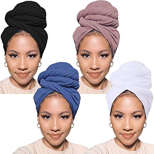 Pweouke 4 Pcs Stretch Head Wraps For Black Women With Natural Hair Solid Color African Turban Ultra Soft Head Scarf For Dreadlocs Long Breathable Headbands Tie #TOP1
