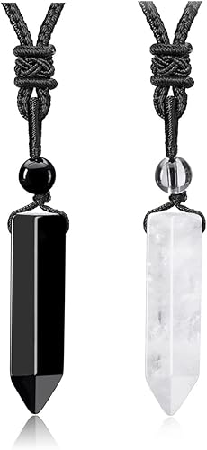 PESOENTH 2 collares de piedra Qaurtz transparente de obsidiana para curación de Reiki, collar con dije de piedra preciosa de cristal curativo de