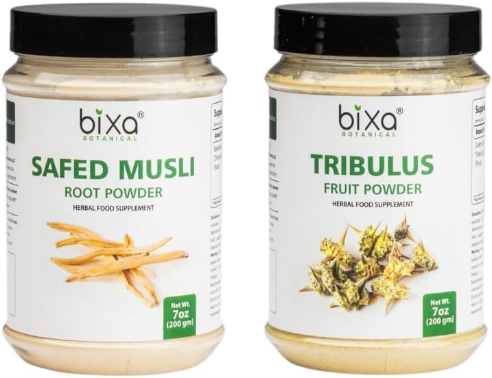 bixa BOTANICAL Safed Musli Powder (Chlorophytum Borivillianum) 7 Oz + Tribulus Terrestris Powder (Gokshura/Gokhru) 7 Oz Bundle | Herbal Supplement Combo