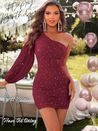 Image of ShawGobow Sparkly Outfits for Women,One Shoulder Ruched Bodycon Short Prom Dress,Sexy Dresses Cocktail Homecoming Nye