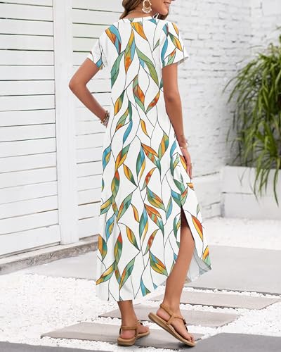 Image of MISFAY Women's Summer Maxi Dress 2026 Casual Short Sleeves V Neck Loose Sundress Split Long Beach T Shirt Dress