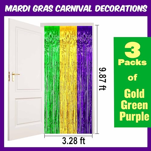 Image of 3 Pack Gold Green Purple Foil Fringe Curtains Backdrop, 3.28 x 9.8 Ft Metallic Streamers Tinsel Curtains Background for Photo Booth, Birthday, Halloween, Christmas, New Year Party Decorations