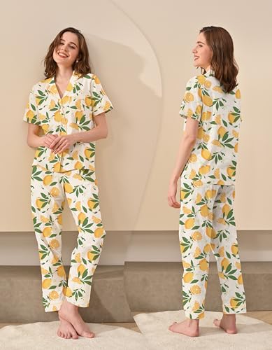 Image of NAP BOUND 100% Cotton Women's Pajama Sets Short Sleeve Button Down Soft Pjs 2 Piece Lounge Set with Pocket Nightwear XS-XXL