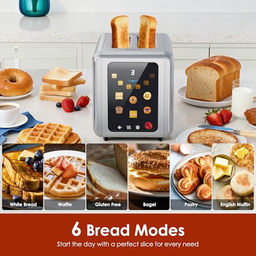 Image of WHALL Full Touch Screen Toaster 2 Slice, 1.5'' Wide Slot Stainless Steel Toaster with Digital Timer, 6 Bread Types & 6 Shade Settings, Crumb Tray, Reheat /Defrost, Smart Toasters for Bagels, Silver