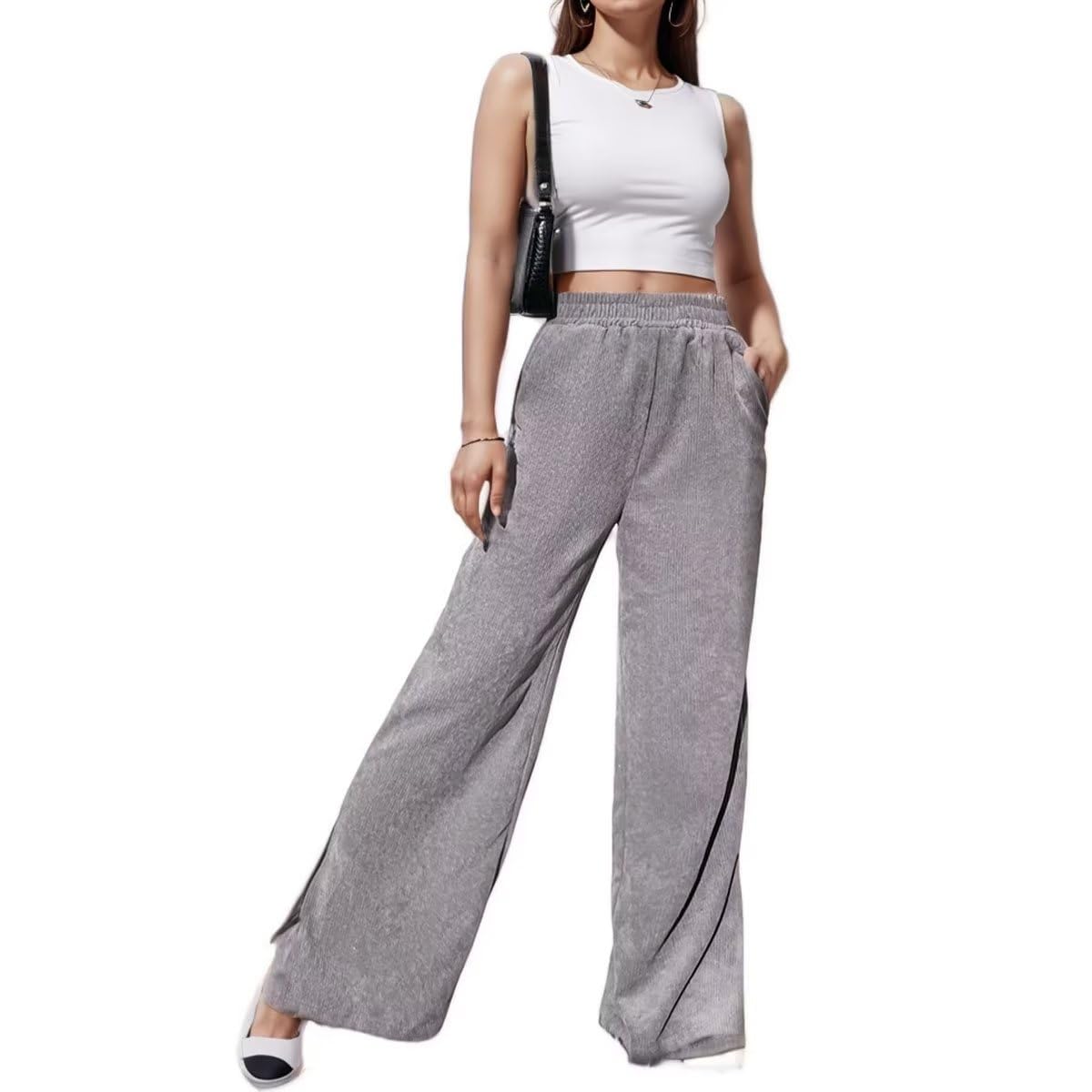 Wide Leg Corduroy Pants Women Trendy Split Side Long Pants High Waist Plus Size Bell Bottom Trousers with