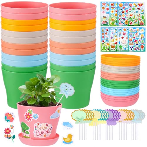 Cosweet 24 Pack Durable Resin Garden Pot Craft Kit for Kids - Colorful Flower Plant Spring Crafts with Stickers & Blank Labels School Activities Growing Kit for Classroom Home DIY Gift 4+ Years