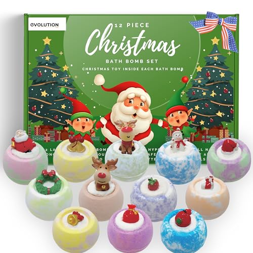 EvolutionUSA 12 Christmas Bath Bombs for Kids - Holiday Bath Bombs with Surprise Inside Perfect Christmas Stocking Stuffers or Festive Holiday Bathombs Set Natural & Hypoallergenic Bath Ball Set
