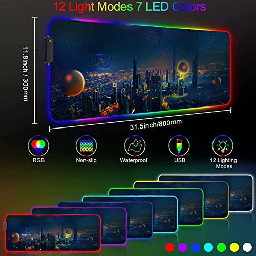 Image of Extended RGB Gaming Mouse Pad, (800mm x 300mm x 4mm) Extra Large Gaming Mouse Mat for Gamer, Waterproof Office Desktop Mat with 12 Lighting Mode (City Height)