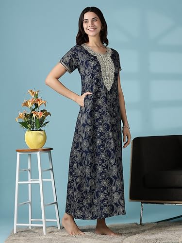 Image of 9shines Label Stylish Pure Cotton Nighty Maxi for Women | Embroidery Neckline Nightgown | A-Line Nightdress with Pocket | Floral Night Gown| Soft Comfortable Cotton Sleepwear (Cotton Yoke)