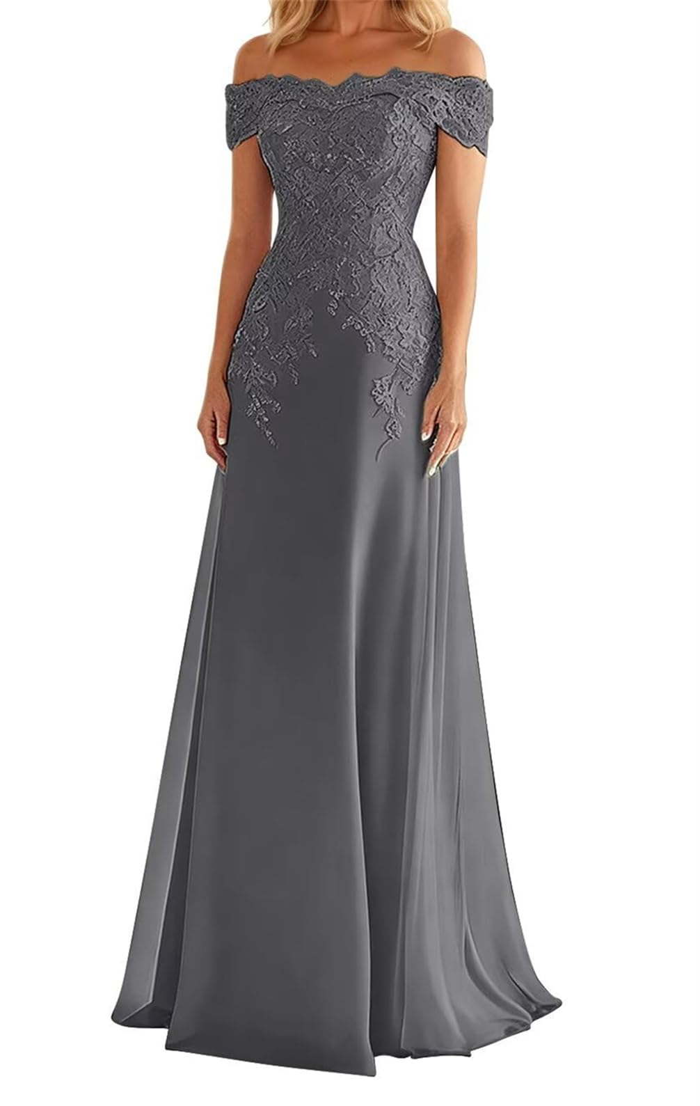 WSEYU Lace Applique Mother of The Bride Dresses Off Shoulder Wedding Formal Evening Prom Party Gown Long ZMKI420 Grey UK22