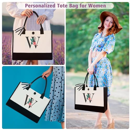 Image of Initial Canvas Tote Bag, Monogrammed Tote Bags Suitable for Mother's Day Wedding Beach