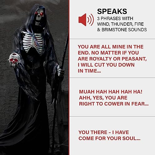 Haunted Hill Farm 7-Ft. Tall Rotting Reaper, Motion-Activated and Talking Animatronic for Indoor or Covered Outdoor Creepy Halloween Decorations, Plug-in Spooky Halloween Props