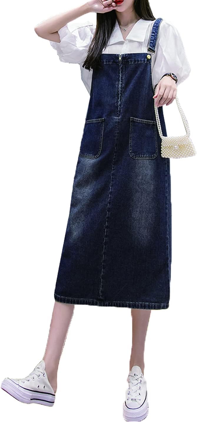 COWOKA Women's Denim Strap Dress Large Size Loose Casual Solid Color Mid-Length Skirt