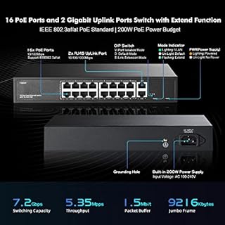 Switch PoE a 16 porte, porte PoE+ da 10/100Mbps, 2 Uplink Gigabit Ethernet, IEEE802.3af/at, max 200W, VLAN e PoE Extend 250m, switch Ethernet non gestito senza ventola con montaggio a rack