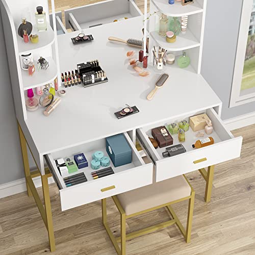 Aousthop Vanity Set With Lighted Mirror, Makeup Vanity Dressing Table With Led Lights, Storage Shelves, Cushioned Stool & 2 Drawers, Dresser Desk For Bedroom, Gold-White #TOP5