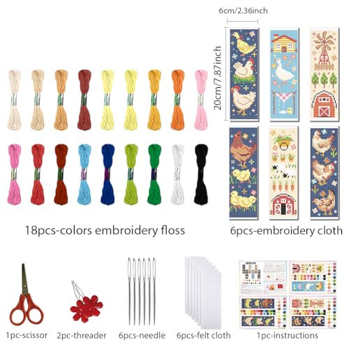 Image of FREEBLOSS 6 Set Cross Stitch Bookmark Kit for Beginner Adults Farm Animal Stamped Embroidery Bookmark Kits Cross Stitch Kits with Instruction Bookmarks Making Kit for Book Lovers 8x2.4in /20x6cm