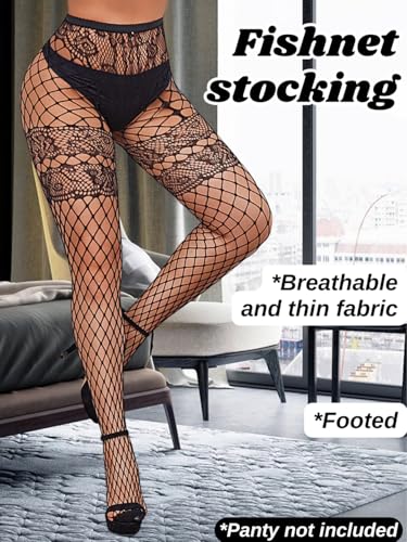 Image of ChiaoLezhee Sexy Wide Fishnet Tights, Floral Lace Garter Stockings For Women, Fishnets Fish Net Fits 0-18